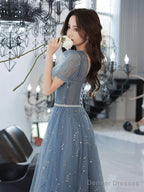 Blue V Neck Tulle Tea Length Prom Dress, Blue Sequin Evening Dress