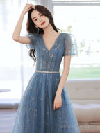 Blue V Neck Tulle Tea Length Prom Dress, Blue Sequin Evening Dress