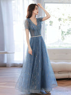 Blue V Neck Tulle Tea Length Prom Dress, Blue Sequin Evening Dress