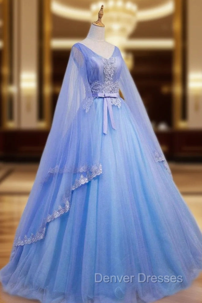 Blue V-neckline Prom Dress with Long Sleeves, Lace Applique Party Dress For Teen