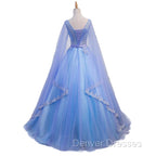 Blue V-neckline Prom Dress with Long Sleeves, Lace Applique Party Dress For Teen