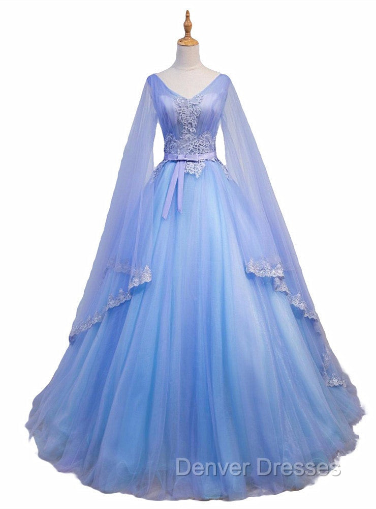 Blue V-neckline Prom Dress with Long Sleeves, Lace Applique Party Dress For Teen
