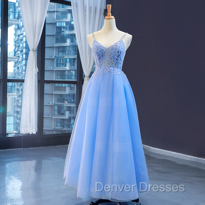 Blue V-neckline Tulle Beaded Long Straps Beaded Dress, Blue Fashionable Formal Dress Prom Dress Secondary image