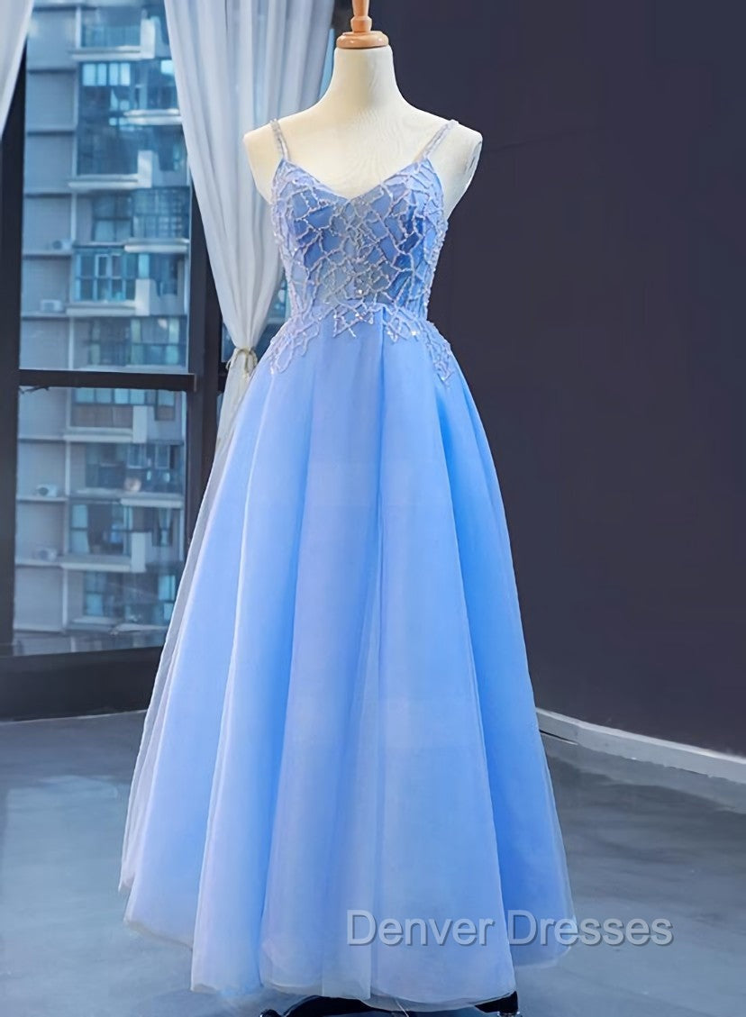 Blue V-neckline Tulle Beaded Long Straps Beaded Dress, Blue Fashionable Formal Dress Prom Dress
