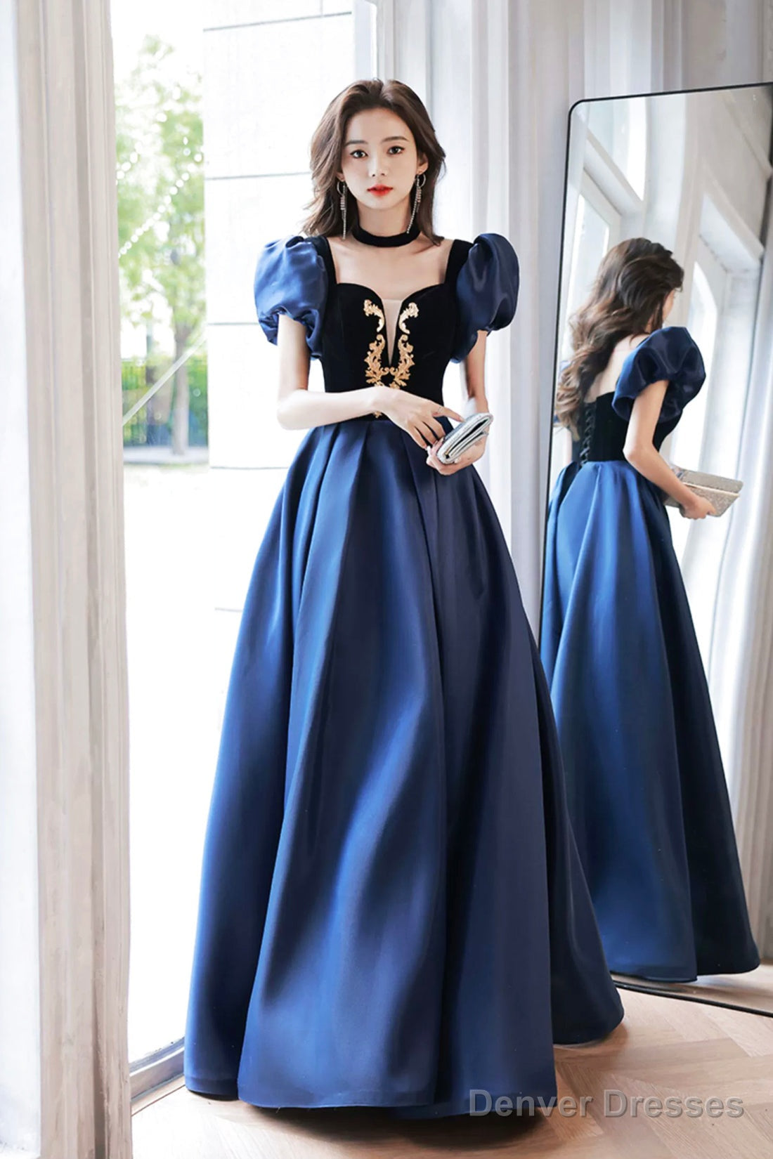 Blue Velvet And Satin Floor Length Prom Dress, Elegant Short Sleeve Evening Party Dress Secondary image