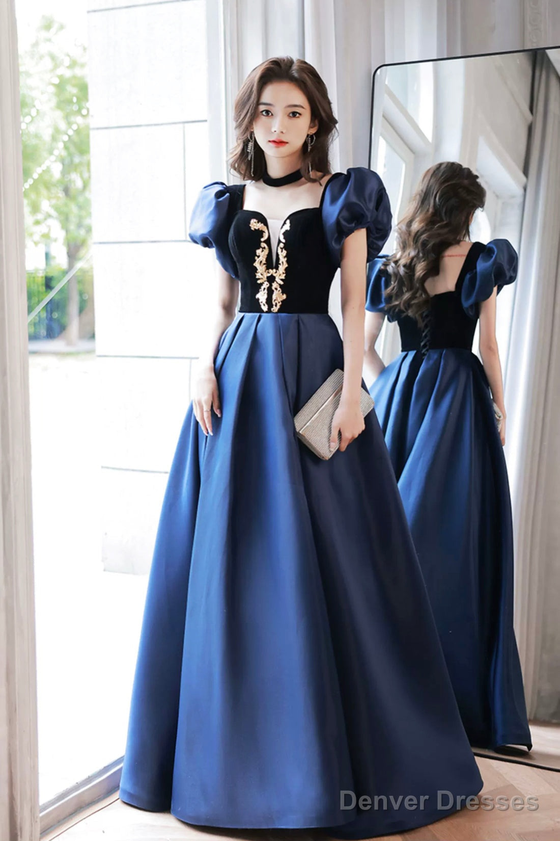 Blue Velvet And Satin Floor Length Prom Dress, Elegant Short Sleeve Evening Party Dress Main image