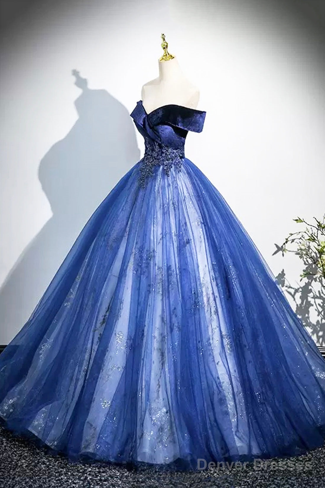 Blue Velvet And Tulle Long Prom Dress, Elegant Off The Shoulder Party Dress Secondary image