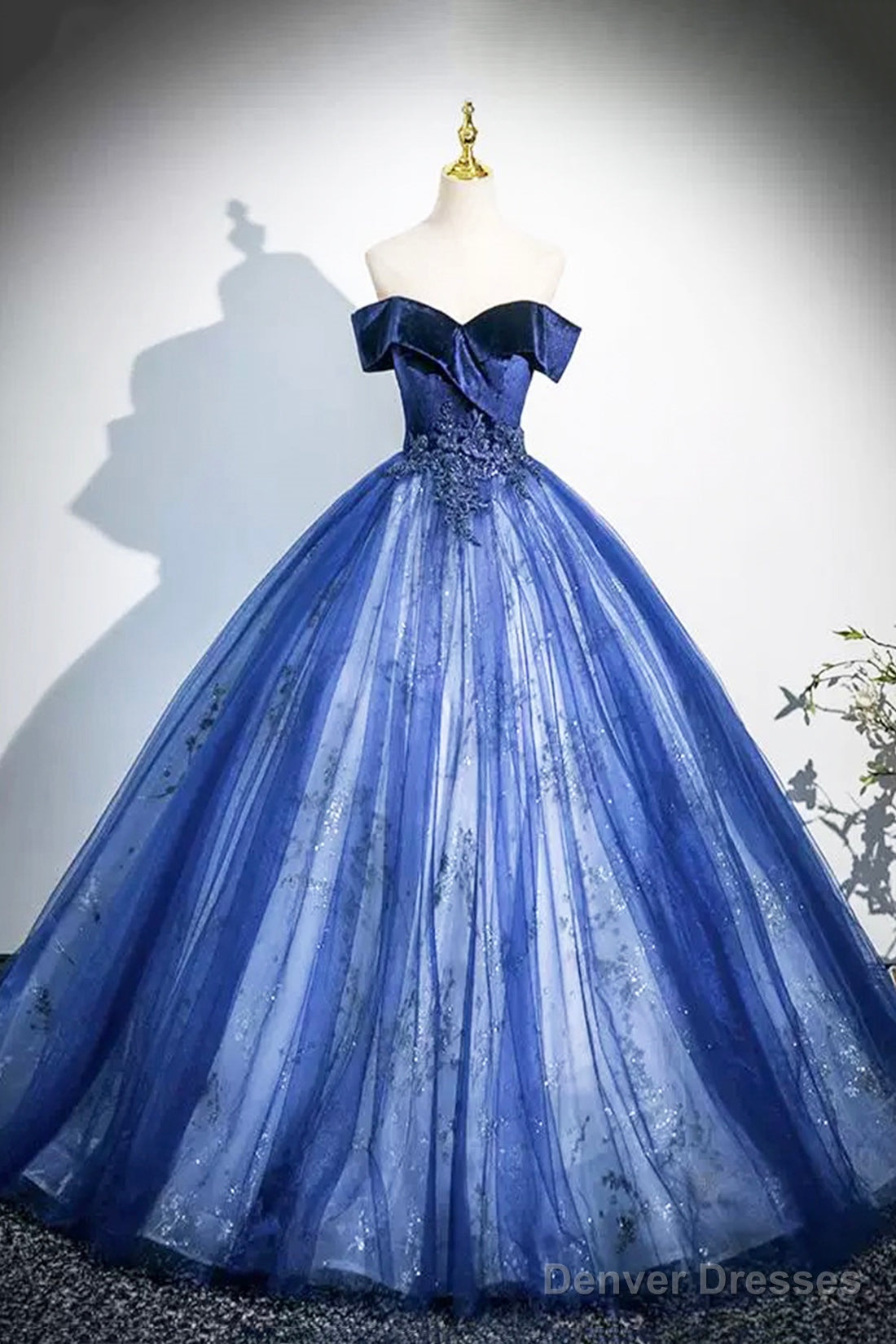 Blue Velvet And Tulle Long Prom Dress, Elegant Off The Shoulder Party Dress Main image