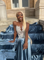 Blue Velvet Appliques Bead Meemaid Long Prom Dress Formal Evening Dress