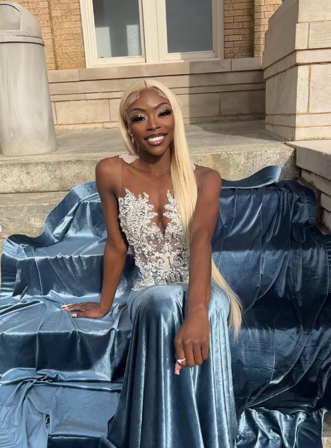 Blue Velvet Appliques Bead Meemaid Long Prom Dress Formal Evening Dress