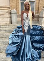 Blue Velvet Appliques Bead Meemaid Long Prom Dress Formal Evening Dress