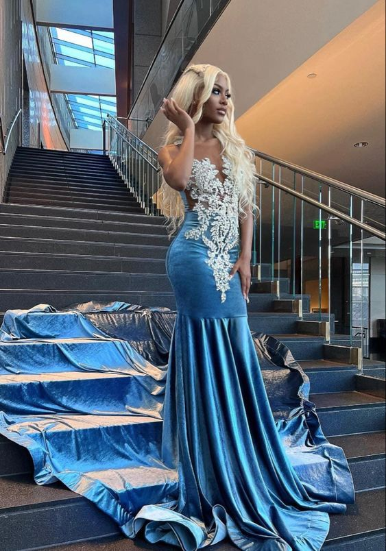 Blue Velvet Appliques Bead Meemaid Long Prom Dress Formal Evening Dress Main image