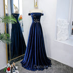 Blue Velvet Beaded Elegant Off Shoulder Evening Dress, Blue Long Prom Dress Party Dress