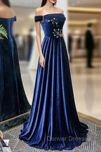 Blue Velvet Beaded Elegant Off Shoulder Evening Dress, Blue Long Prom Dress Party Dress
