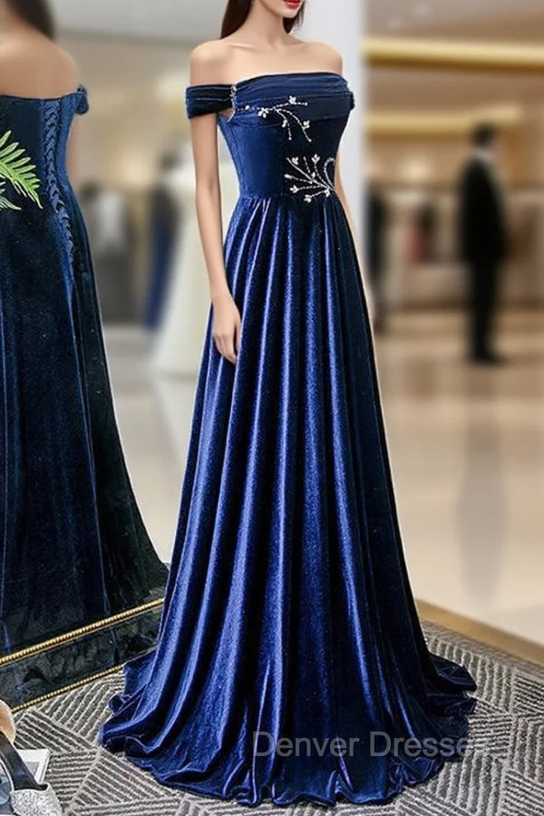 Blue Velvet Beaded Elegant Off Shoulder Evening Dress, Blue Long Prom Dress Party Dress