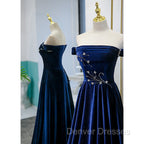 Blue Velvet Beaded Elegant Off Shoulder Evening Dress, Blue Long Prom Dress Party Dress