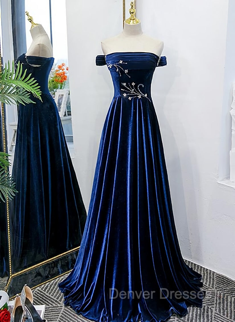 Blue Velvet Beaded Elegant Off Shoulder Evening Dress, Blue Long Prom Dress Party Dress Main image
