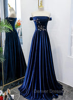 Blue Velvet Beaded Elegant Off Shoulder Evening Dress, Blue Long Prom Dress Party Dress