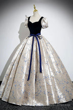 Blue Velvet Floor-Length Printing Prom Dresses, A-Line Short Sleeve Evening Formal Dresses