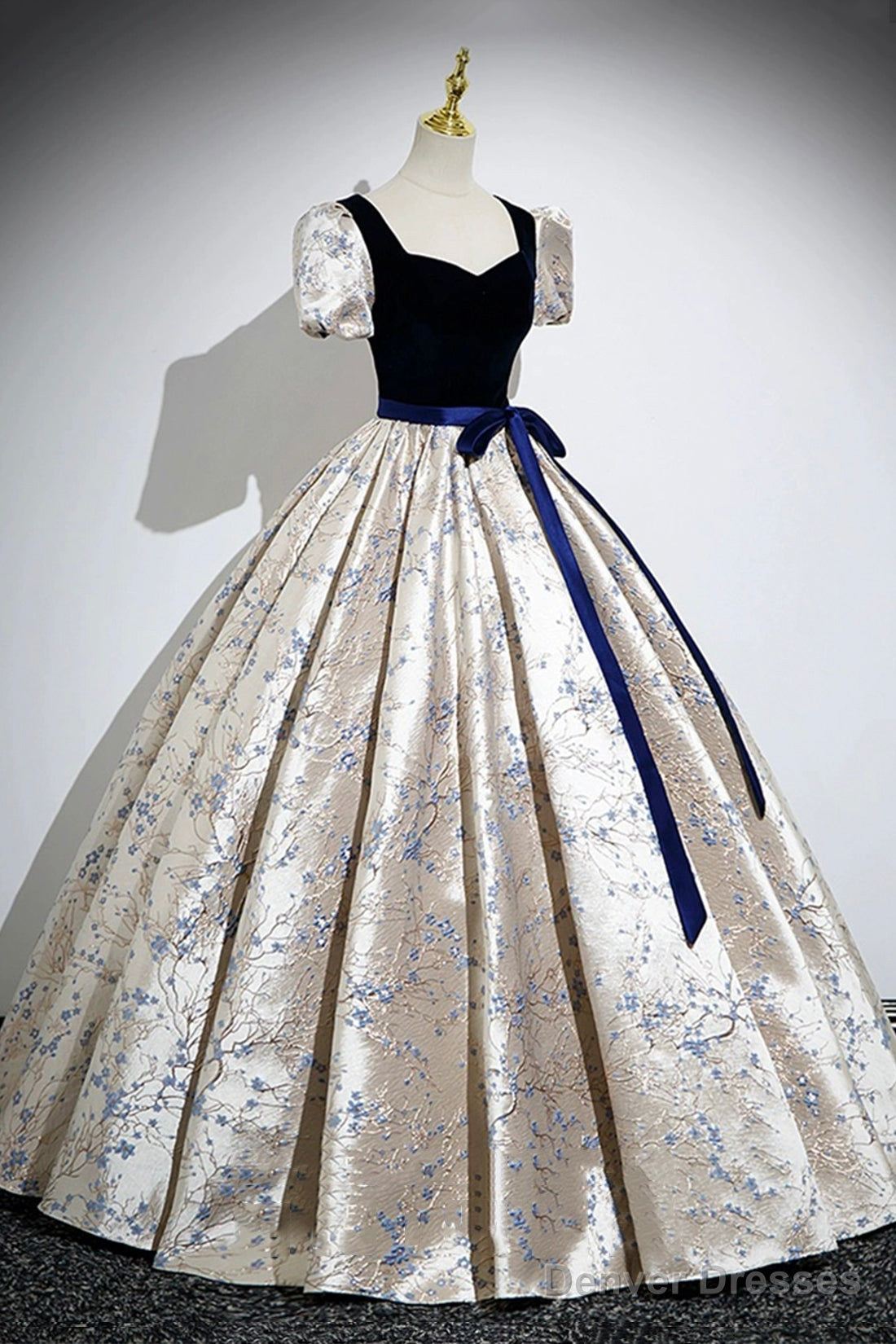 Blue Velvet Floor-Length Printing Prom Dresses, A-Line Short Sleeve Evening Formal Dresses