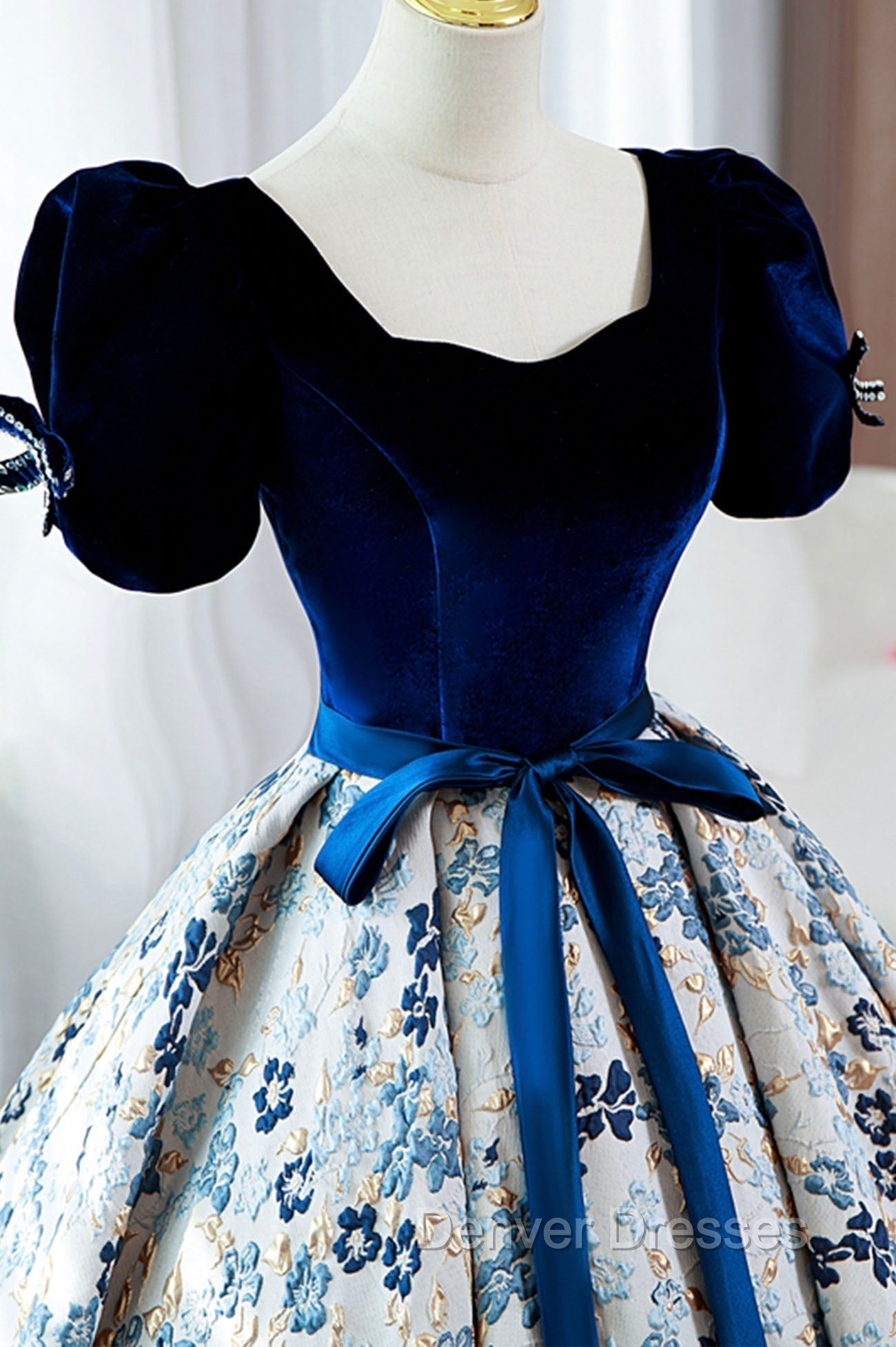 Blue Velvet Floral Long Ball Gown, A-Line Short Sleeve Formal Evening Dress Secondary image