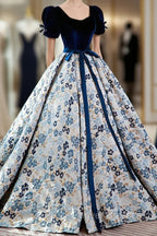 Blue Velvet Floral Long Ball Gown, A-Line Short Sleeve Formal Evening Dress
