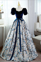 Blue Velvet Floral Long Ball Gown, A-Line Short Sleeve Formal Evening Dress
