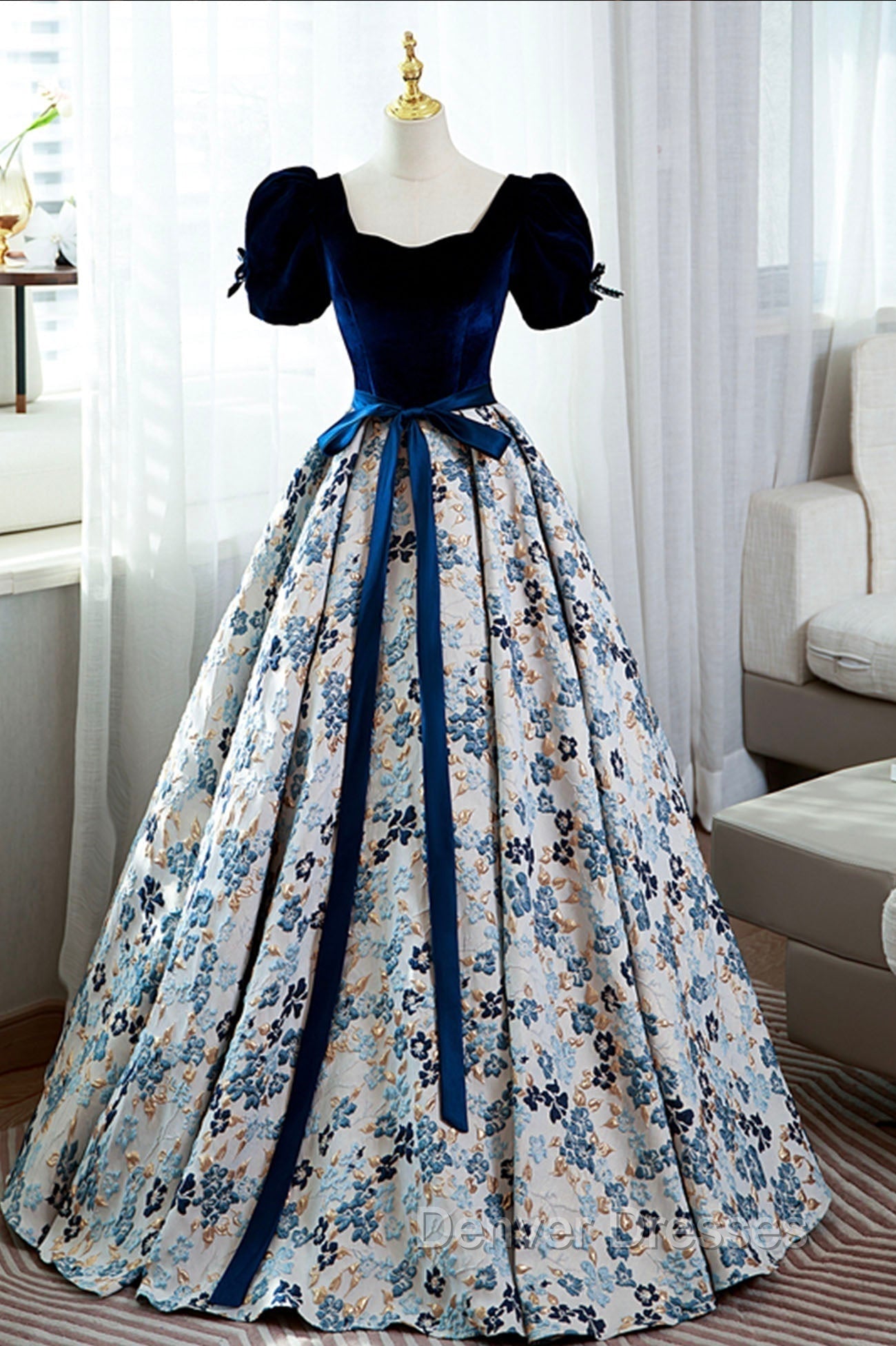 Blue Velvet Floral Long Ball Gown, A-Line Short Sleeve Formal Evening Dress