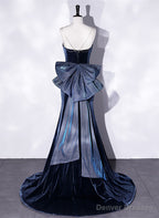 Blue Velvet Mermaid Straps Low Back Party Dress With Bow, Blue Long Evening Dress