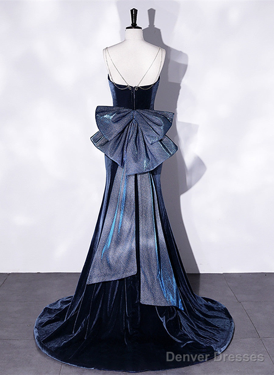 Blue Velvet Mermaid Straps Low Back Party Dress With Bow, Blue Long Evening Dress