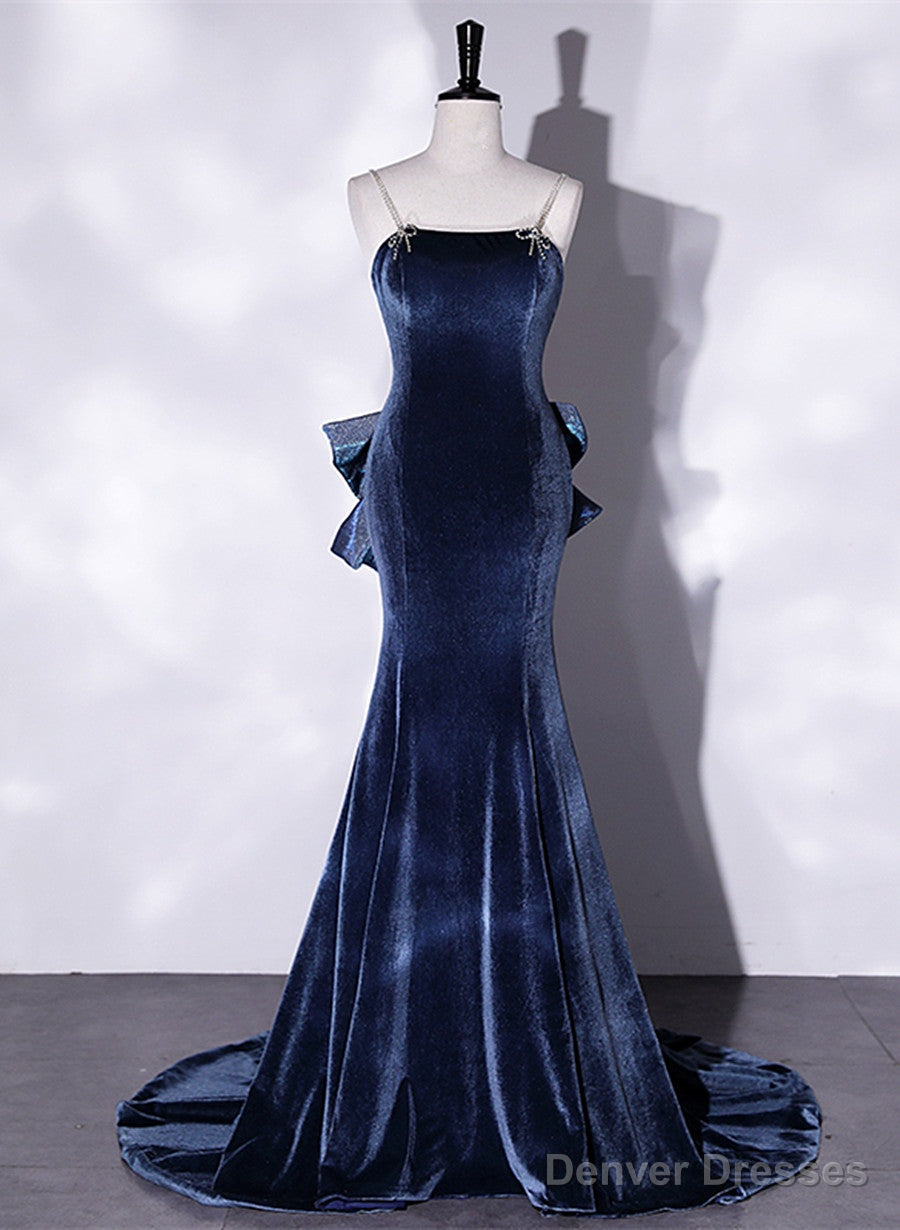 Blue Velvet Mermaid Straps Low Back Party Dress With Bow, Blue Long Evening Dress Main image