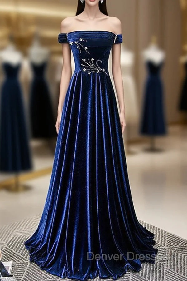 Blue Velvet Off the Shoulder Beading Pleats Prom Dress