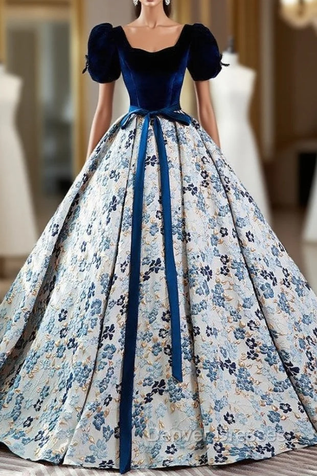 Blue Velvet Puff Sleeve Quinceanera Dress