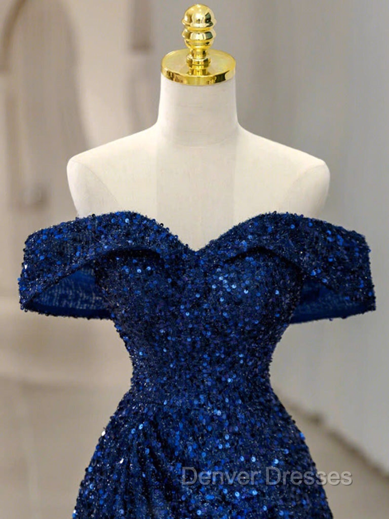 Blue Velvet Sequin Long Prom Dress, Blue Formal Dress