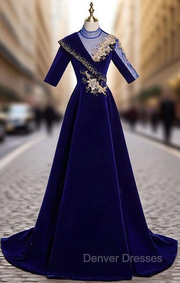 Blue Velvet Short Sleeve High Neck Appliques Prom Dress