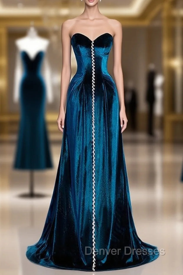 Blue Velvet Strapless Beading Prom Dress