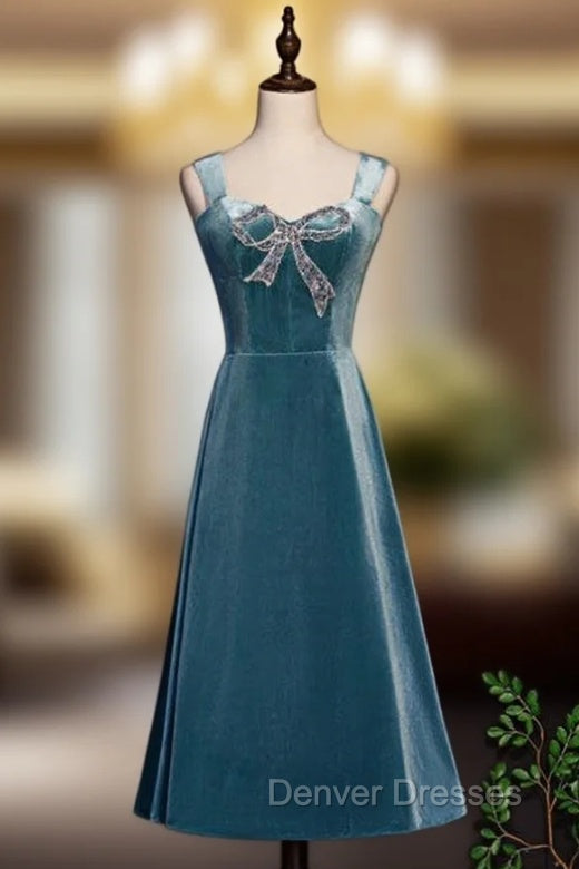 Blue Velvet Straps Beading Tea Length Prom Dress Main image