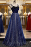 Blue Velvet Tulle Long A-Line Prom Dress, Blue Spaghetti Straps Evening Dress