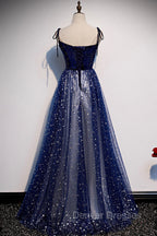 Blue Velvet Tulle Long A-Line Prom Dress, Blue Spaghetti Straps Evening Dress