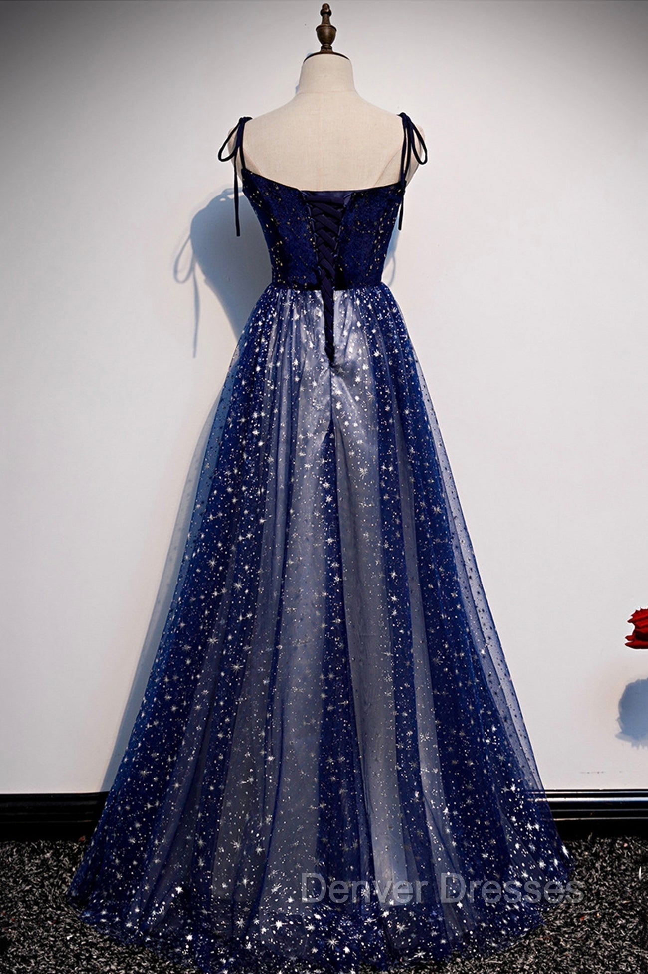 Blue Velvet Tulle Long A-Line Prom Dress, Blue Spaghetti Straps Evening Dress