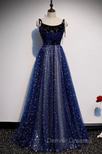 Blue Velvet Tulle Long A-Line Prom Dress, Blue Spaghetti Straps Evening Dress