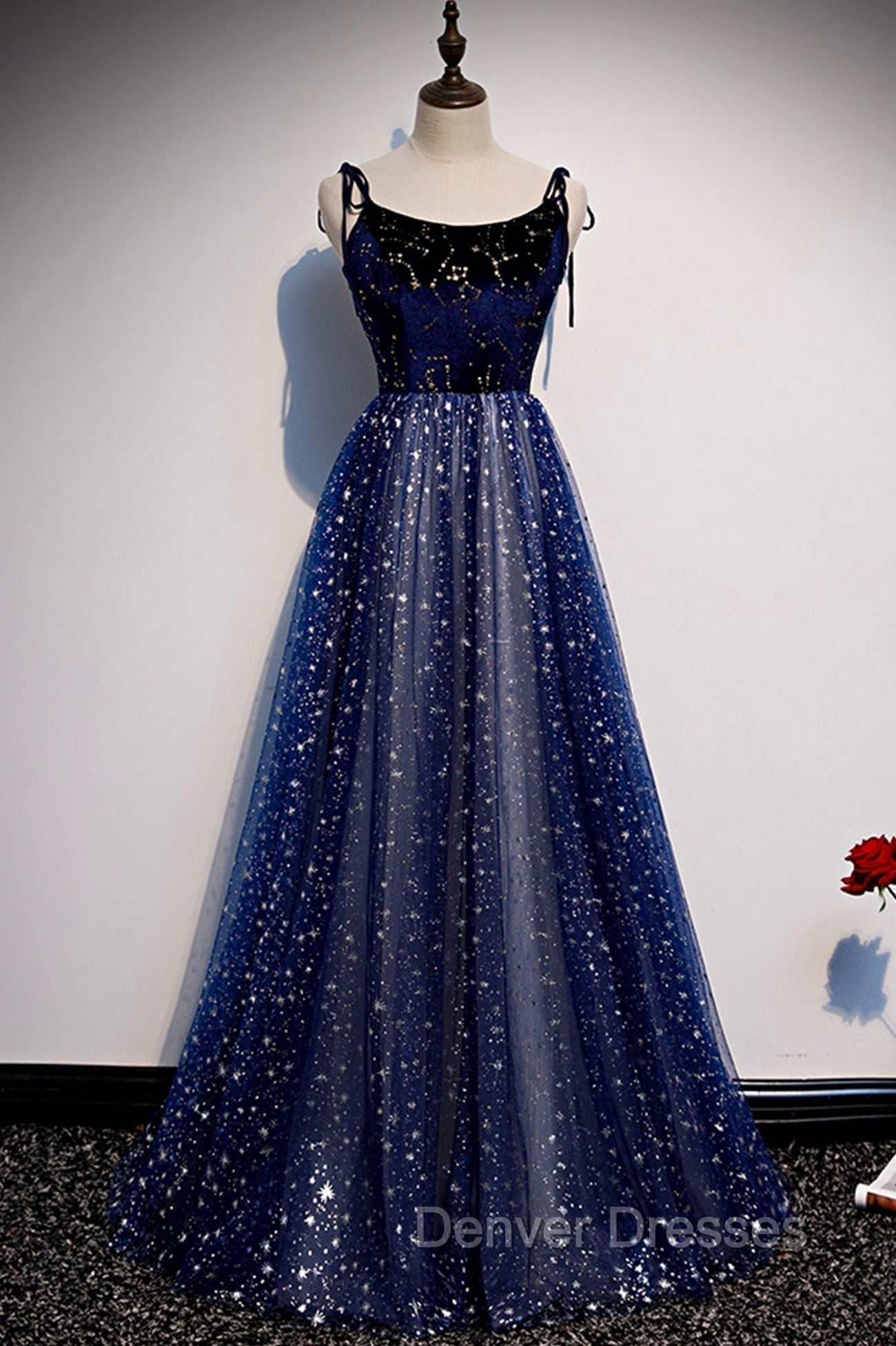 Blue Velvet Tulle Long A-Line Prom Dress, Blue Spaghetti Straps Evening Dress