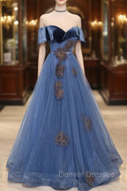Blue Velvet Tulle Long A-Line Prom Dress, Off the Shoulder Evening Dress