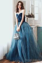 Blue Velvet Tulle Long Formal Evening Dresses, A-Line Graduation Dresses
