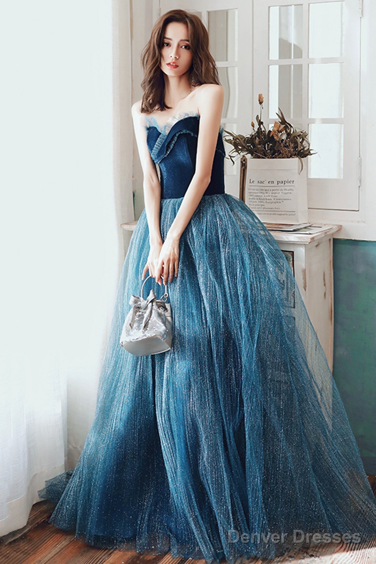 Blue Velvet Tulle Long Formal Evening Dresses, A-Line Graduation Dresses