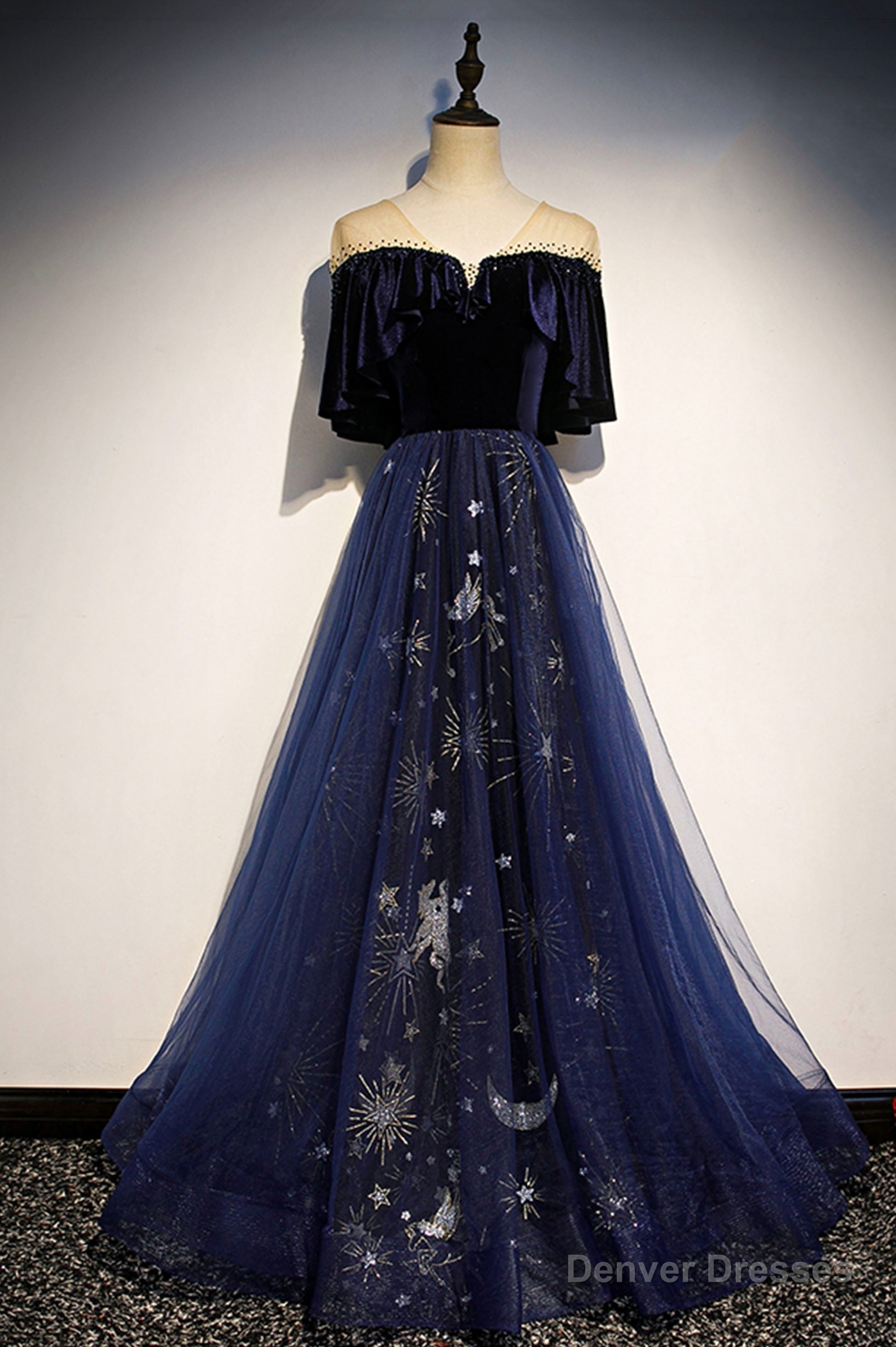 Blue Velvet Tulle Long Prom Dress, A-Line Blue Evening Party Dress