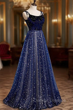 Blue Velvet Tulle Long Prom Dress, A-Line Evening Party Dress