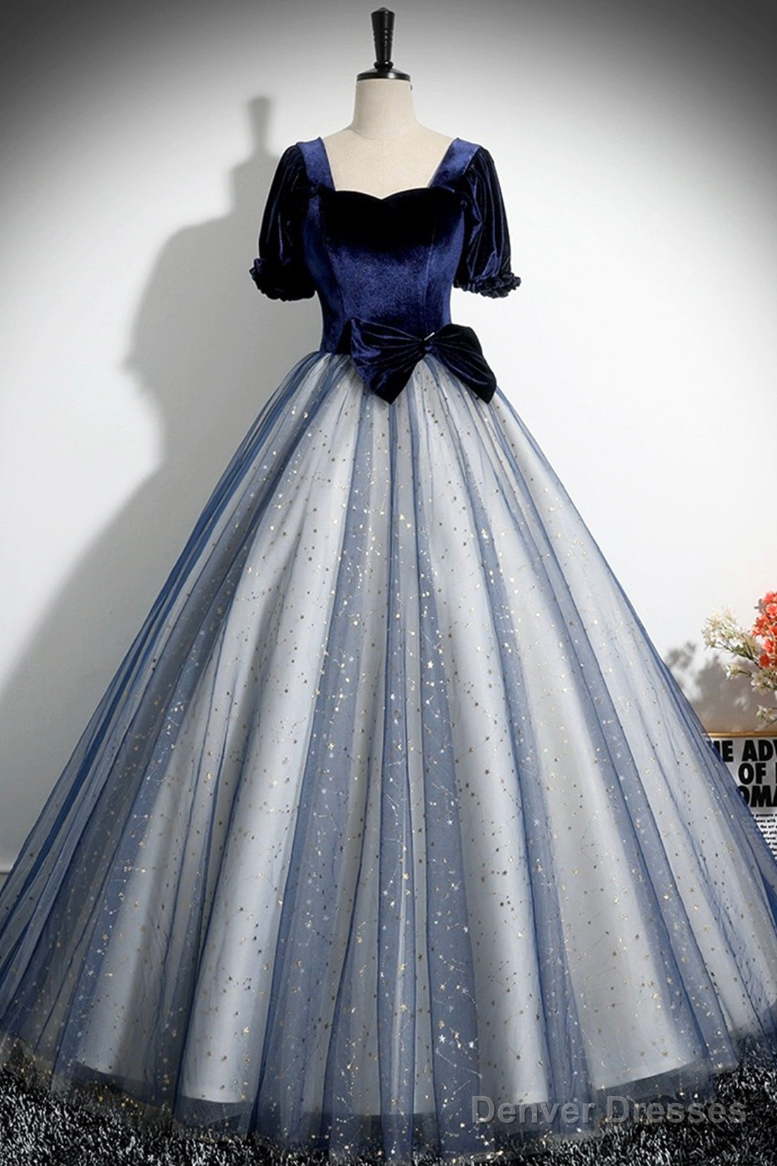 Blue Velvet Tulle Long Prom Dress, A-Line Short Sleeve Evening Party Dress Main image