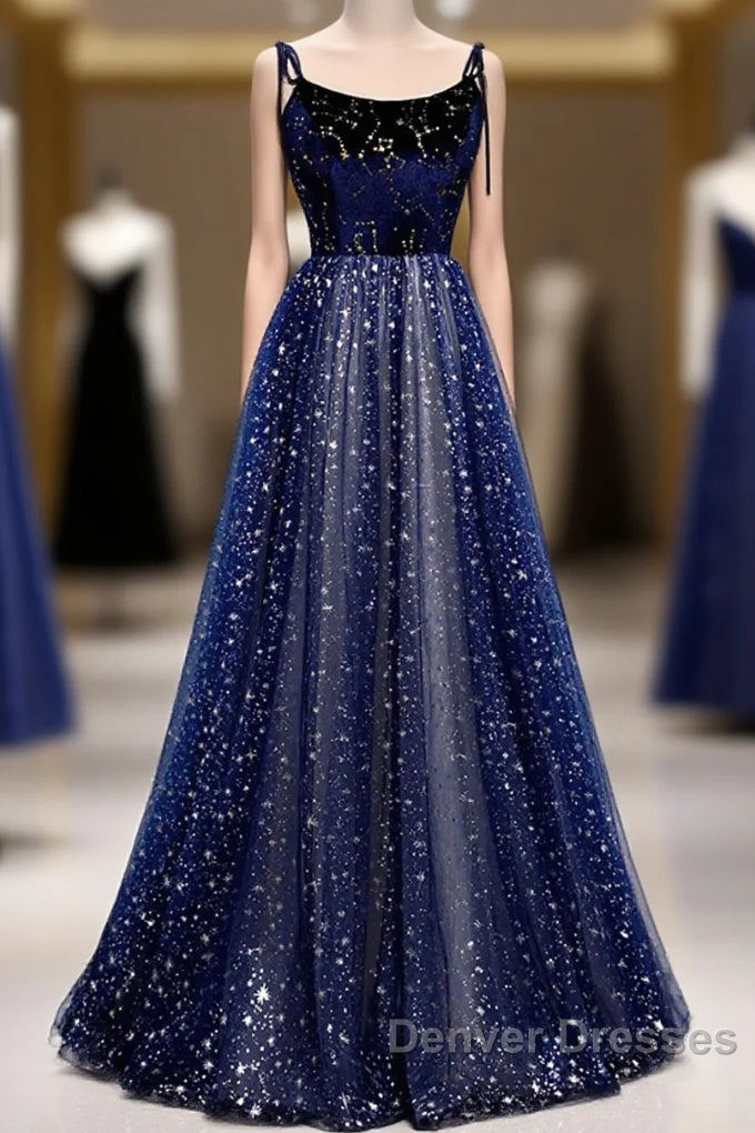 Blue Velvet Tulle Long Prom Dress, Beautiful A-Line Evening Party Dress Main image