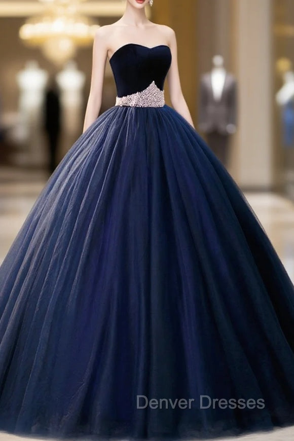 Blue Velvet Tulle Long Prom Dress, Blue Evening Party Dress